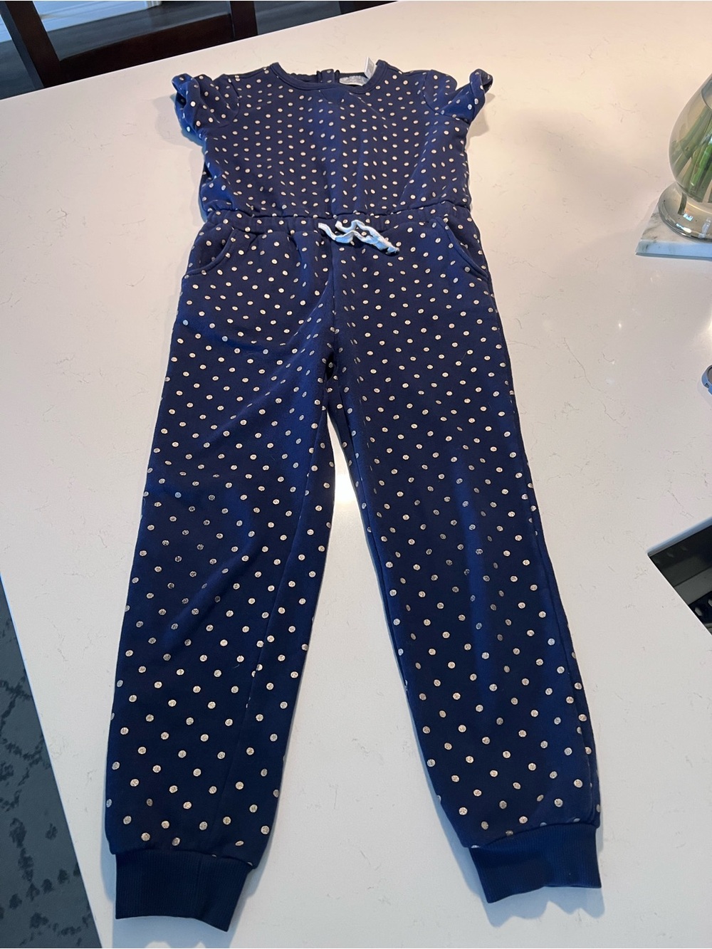 Us Angels Navy Polka Dot Zip Romper